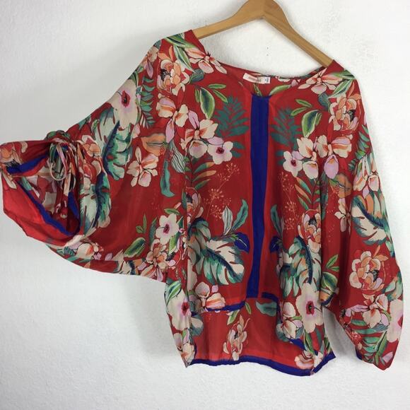 Johnny Was Evy Red Floral 100% Silk Blouse Medium Balloon Sleeve Lightweight - Picture 8 of 14